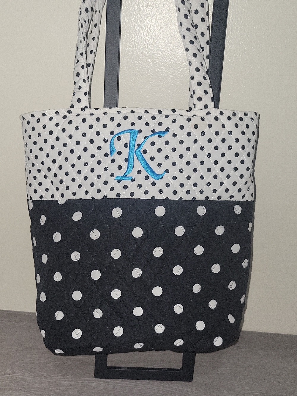 Monogrammed K Black and White Polka Dot Quilted Tote